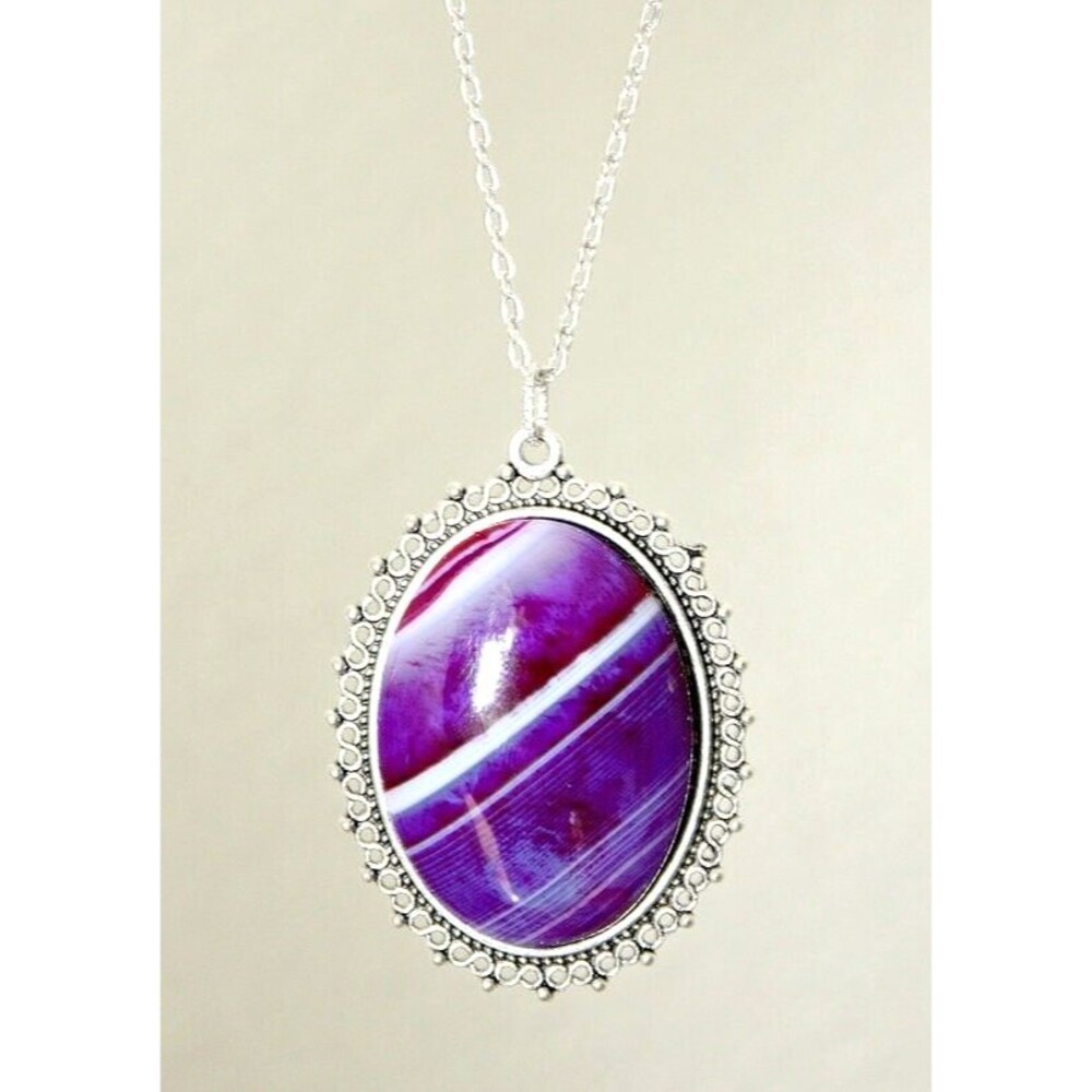 Agate Stone Pendant Necklace Oval Purple Cabochon White Stripes BOHO OOAK Gift